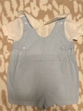 Petit Ami 6m Classic Blue Gingham Baby Boys' Shortall with White Collar